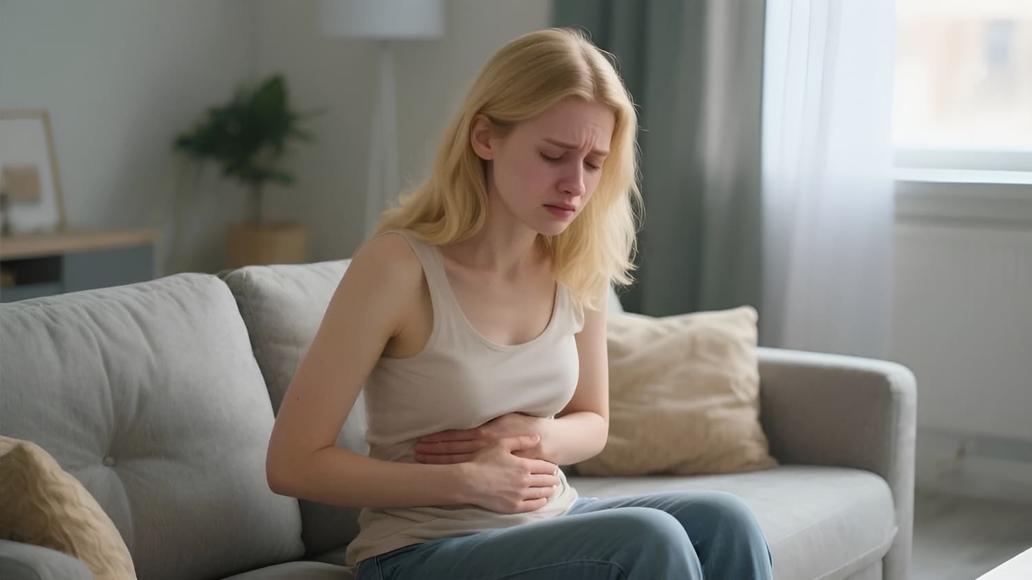 Młoda kobieta odczuwająca dyskomfort w podbrzuszu – częsty objaw, w którym pomaga osteopatia ginekologiczna.