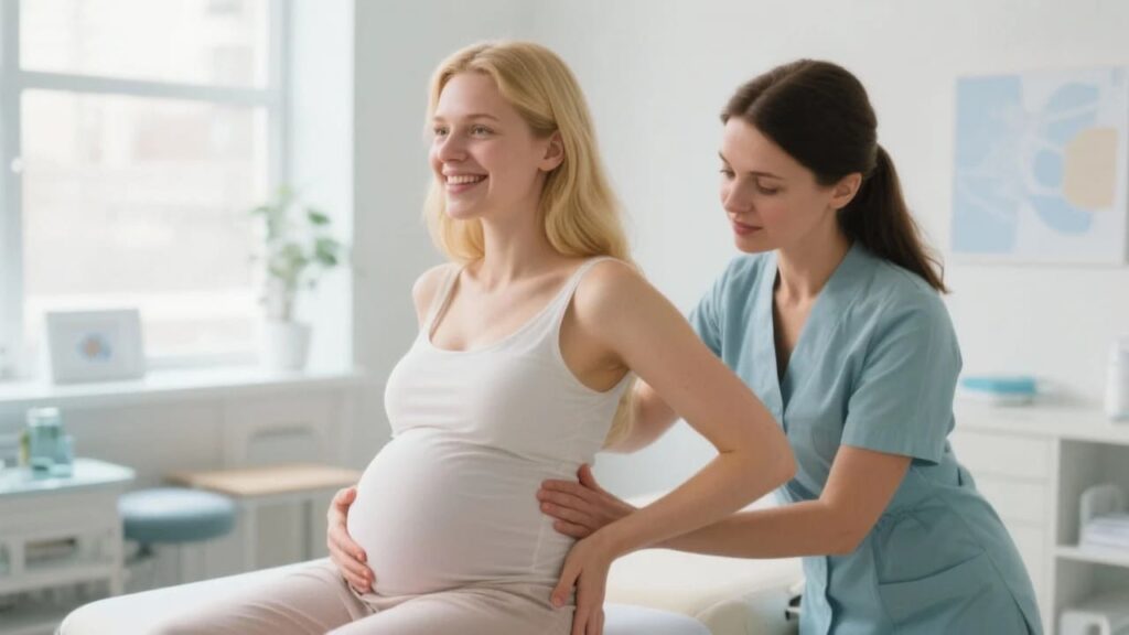 Osteopatia ginekologiczna: gdy lekarz mówi, że "taka Twoja uroda". 3 Kobieta w ciąży o blond włosach otrzymująca bezpieczną i wspierającą terapię osteopatyczną od specjalistki