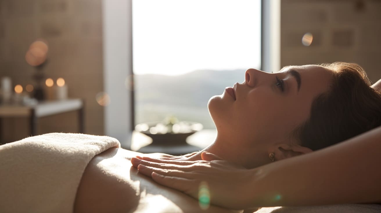 Artystyczne zdjęcie hero image przedstawiające kobietę w stanie głębokiego relaksu podczas zabiegu w spa. Klimatyczne, ciepłe światło podkreśla jej spokój, symbolizując korzyści i odprężenie płynące z profesjonalnego masażu twarzy.